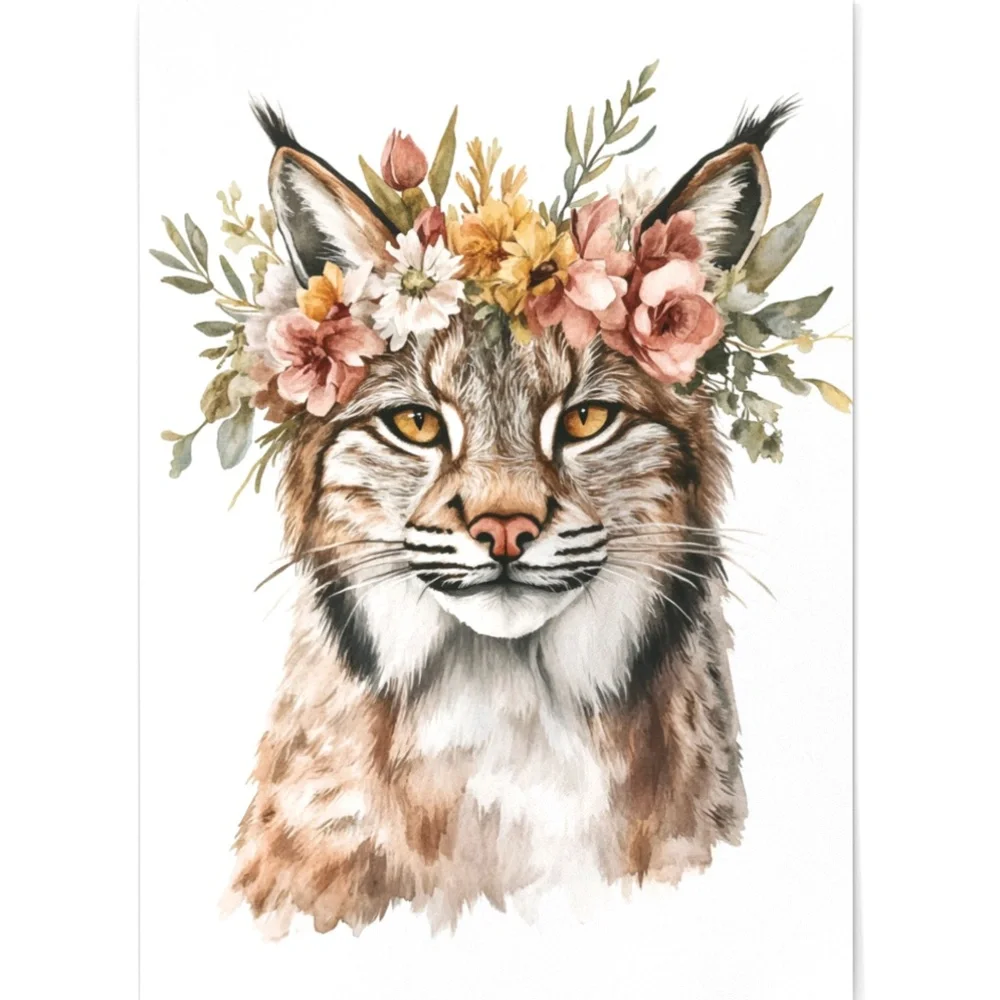 Watercolor Floral Lynx Portrait Wall Art Illustration Print Poster Unframed - Picture 2 of 9